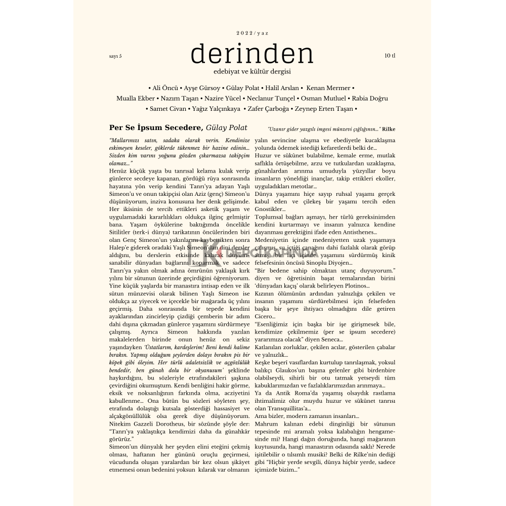 Derinden 5.Sayı Yaz 2022