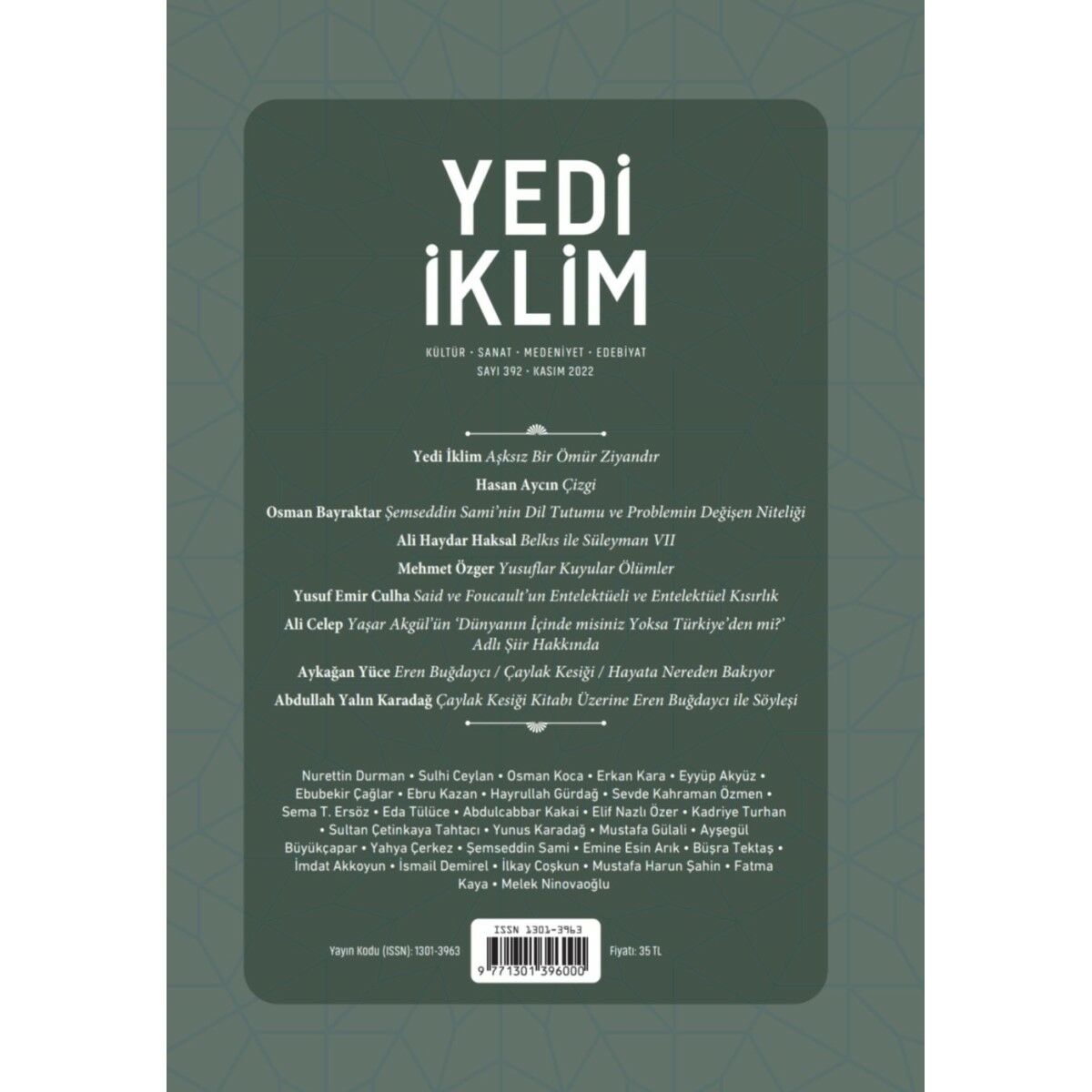 Yedi İklim 392.Sayı Kasım 2022